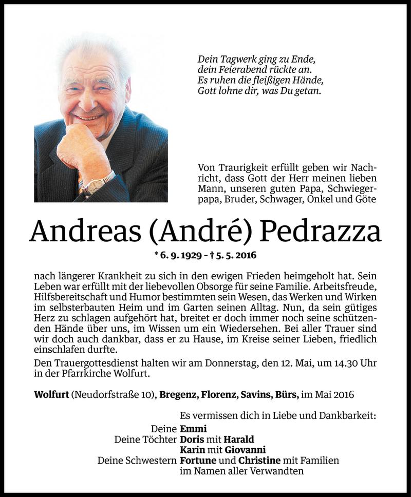  Todesanzeige für Andreas Pedrazza vom 06.05.2016 aus Vorarlberger Nachrichten