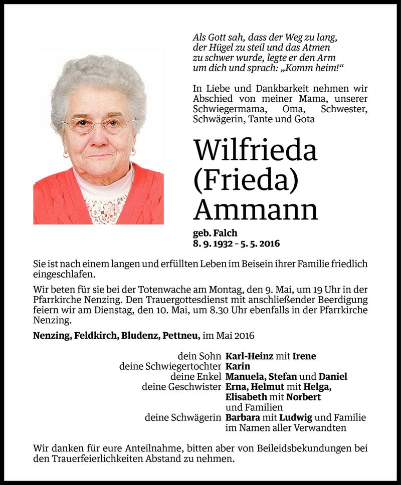  Todesanzeige für Wilfrieda Ammann vom 07.05.2016 aus Vorarlberger Nachrichten