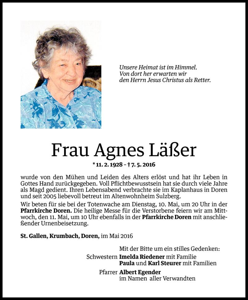  Todesanzeige für Agnes Läßer vom 08.05.2016 aus Vorarlberger Nachrichten