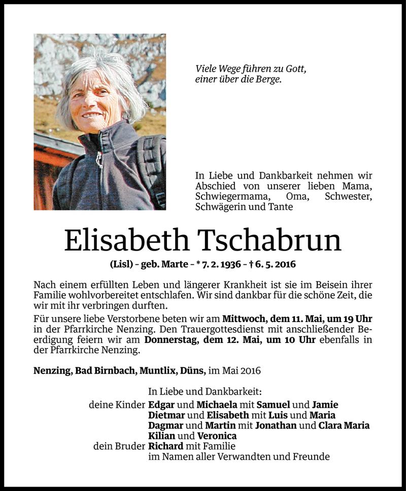  Todesanzeige für Elisabeth Tschabrun vom 10.05.2016 aus Vorarlberger Nachrichten