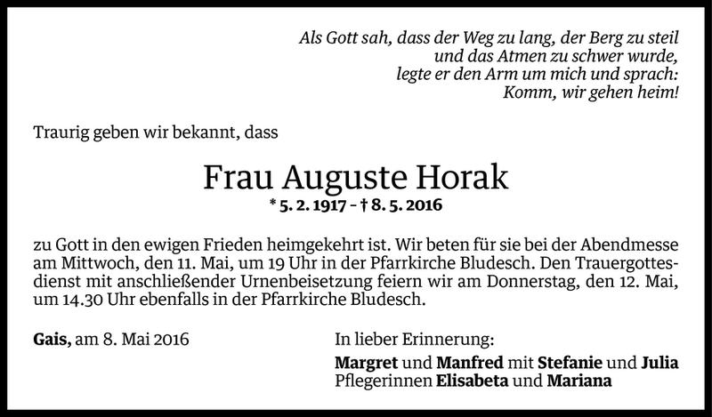  Todesanzeige für Auguste Horak vom 09.05.2016 aus Vorarlberger Nachrichten