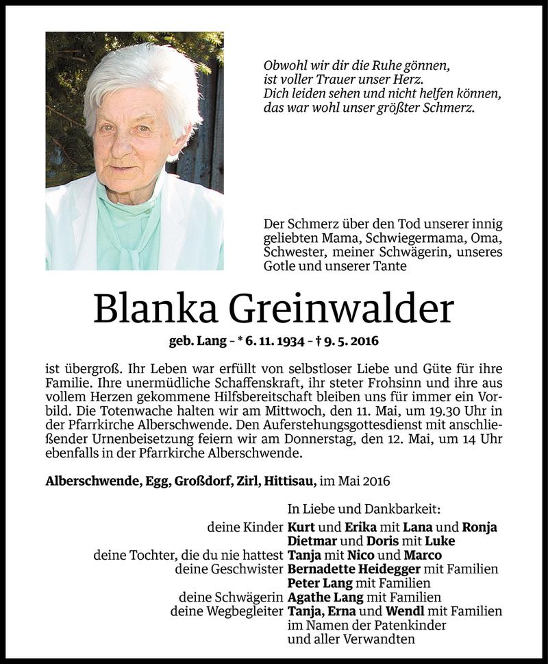  Todesanzeige für Blanka Greinwalder vom 09.05.2016 aus Vorarlberger Nachrichten