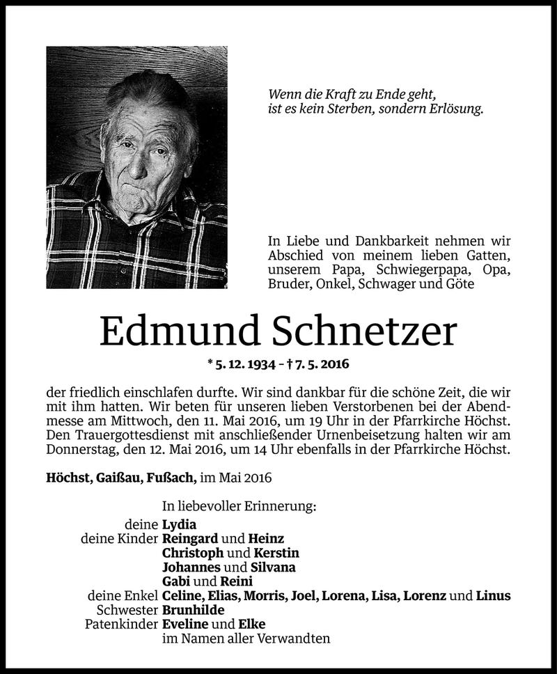  Todesanzeige für Edmund Schnetzer vom 09.05.2016 aus Vorarlberger Nachrichten