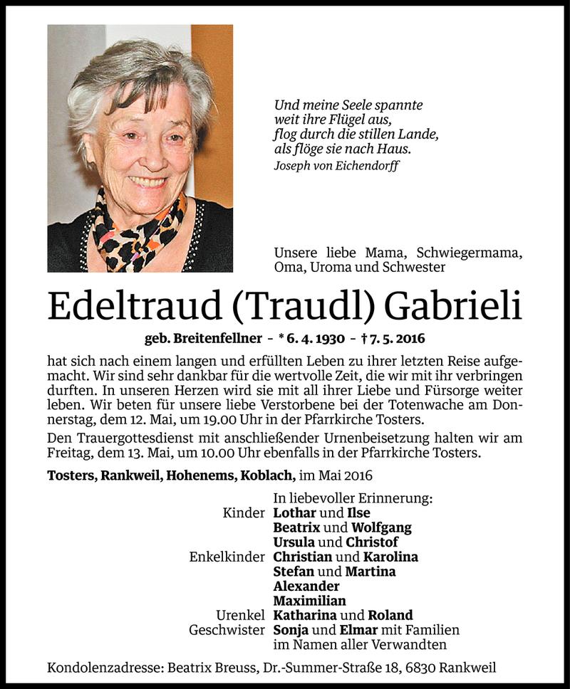  Todesanzeige für Edeltraud Gabrieli vom 10.05.2016 aus Vorarlberger Nachrichten