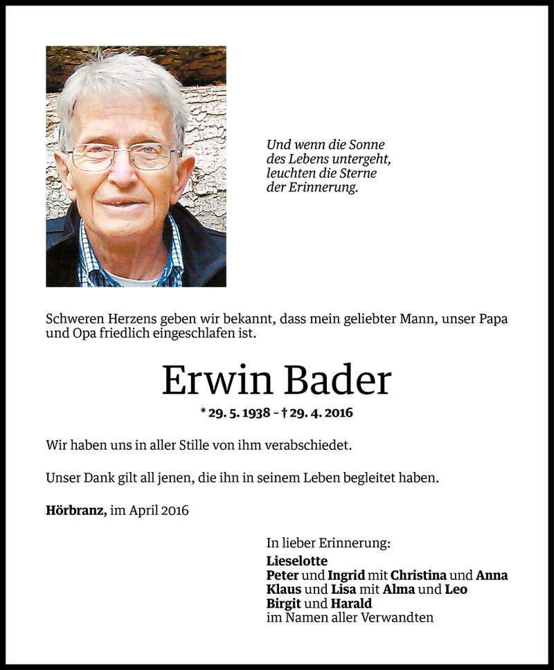  Todesanzeige für Erwin Bader vom 11.05.2016 aus Vorarlberger Nachrichten
