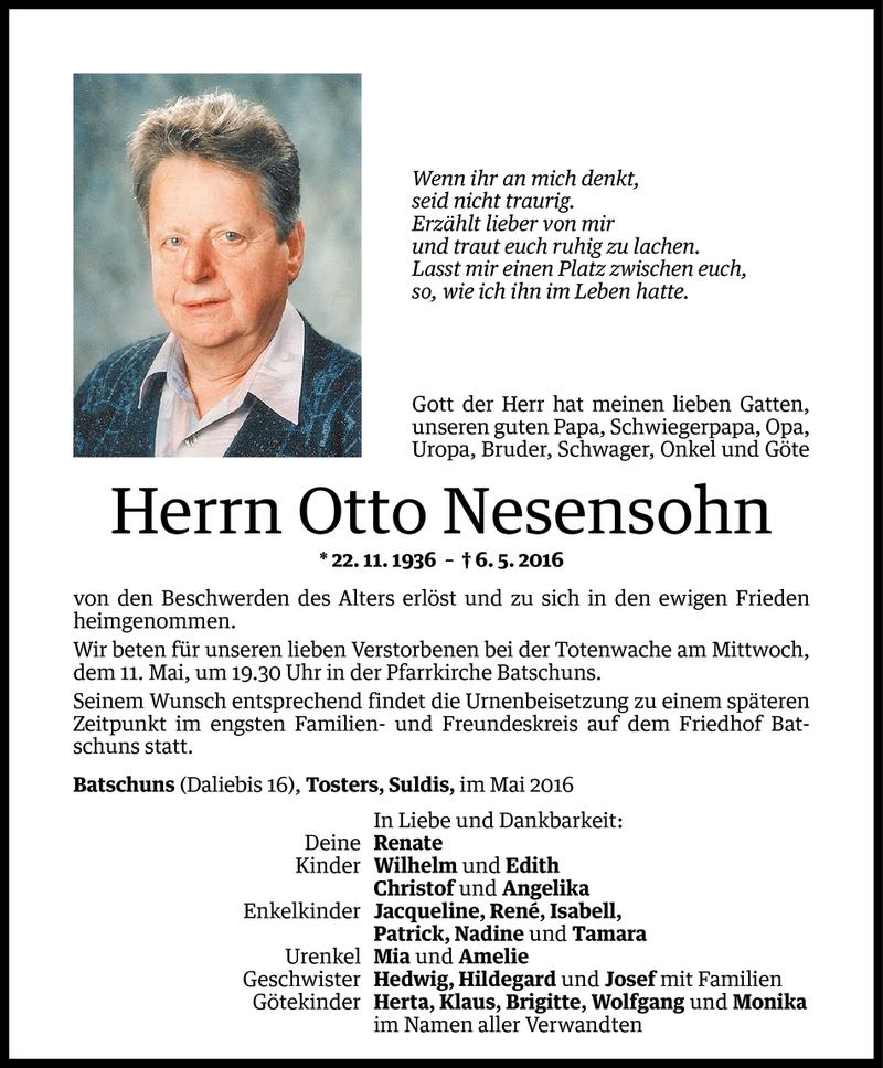  Todesanzeige für Otto Nesensohn vom 10.05.2016 aus Vorarlberger Nachrichten