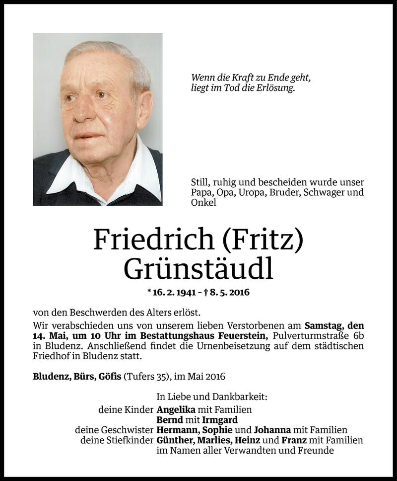  Todesanzeige für Friedrich Grünstäudl vom 12.05.2016 aus Vorarlberger Nachrichten