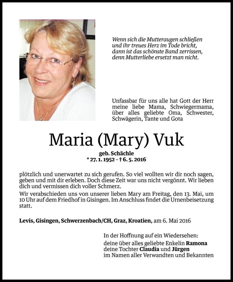  Todesanzeige für Maria Vuk vom 10.05.2016 aus Vorarlberger Nachrichten