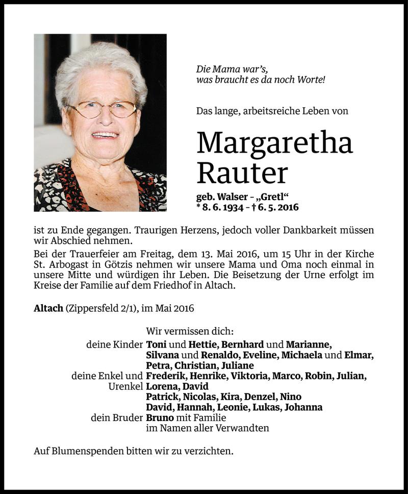  Todesanzeige für Margaretha Rauter vom 10.05.2016 aus Vorarlberger Nachrichten