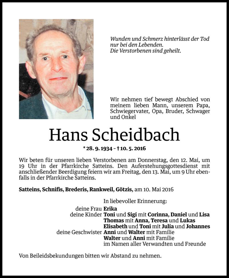  Todesanzeige für Hans Scheidbach vom 10.05.2016 aus Vorarlberger Nachrichten