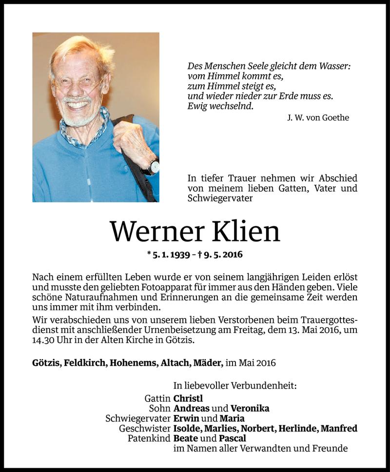  Todesanzeige für Werner Klien vom 10.05.2016 aus Vorarlberger Nachrichten