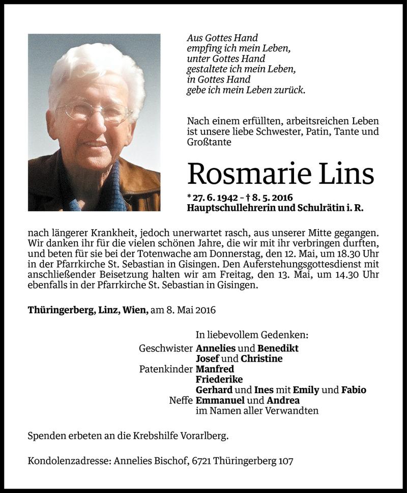  Todesanzeige für Rosmarie Lins vom 10.05.2016 aus Vorarlberger Nachrichten
