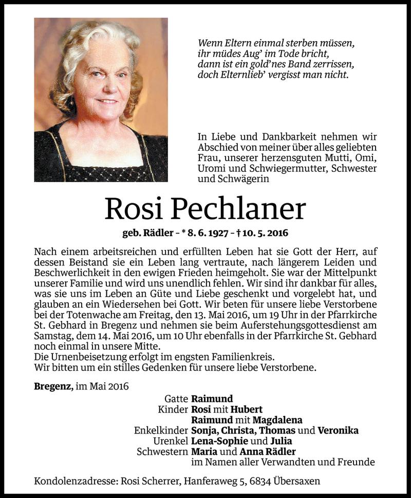  Todesanzeige für Rosi Pechlaner vom 11.05.2016 aus Vorarlberger Nachrichten