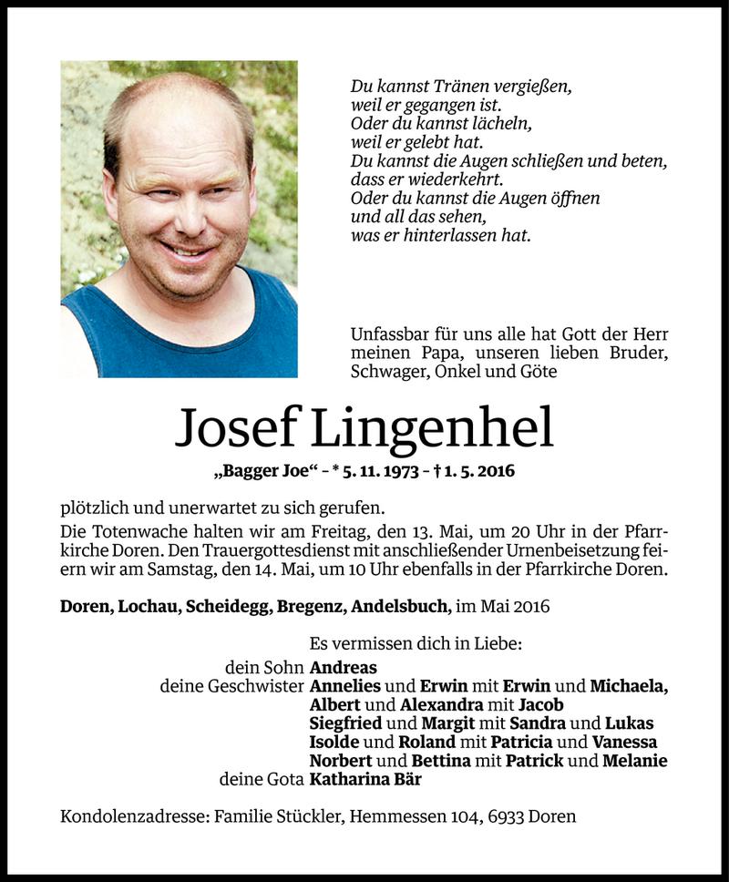  Todesanzeige für Josef Lingenhel vom 11.05.2016 aus Vorarlberger Nachrichten