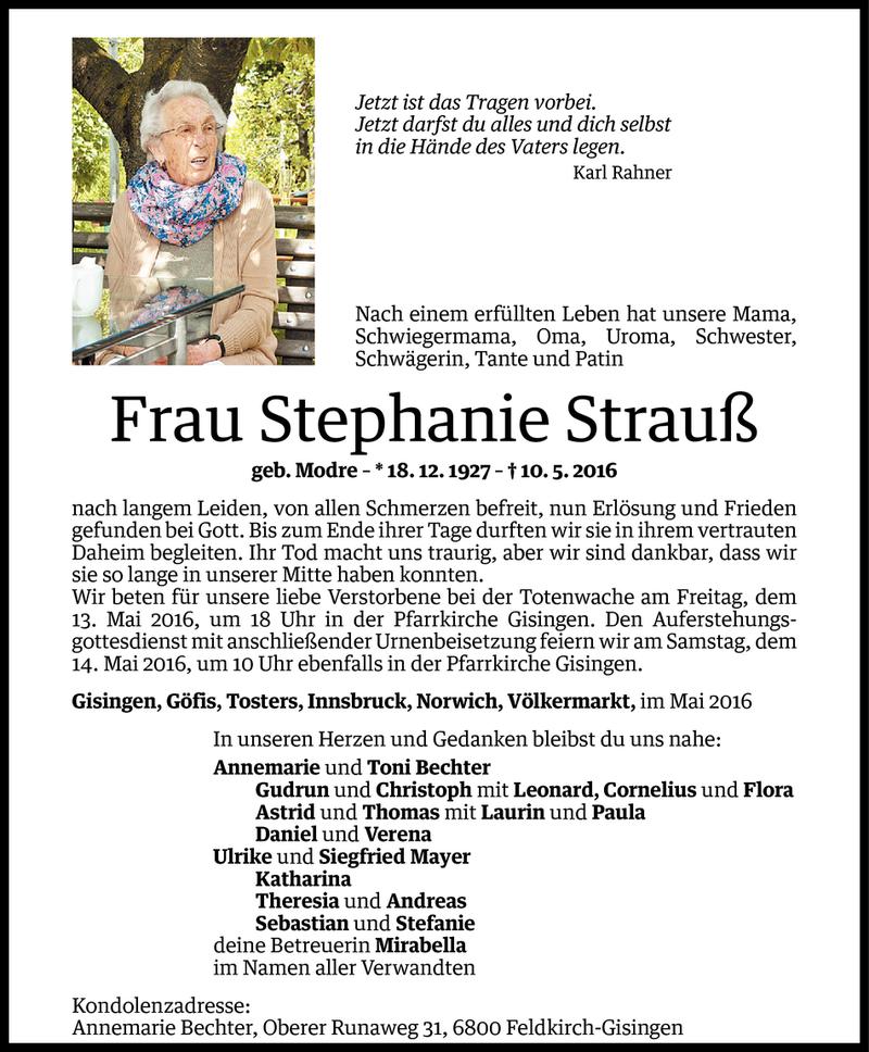  Todesanzeige für Stephanie Strauß vom 11.05.2016 aus Vorarlberger Nachrichten