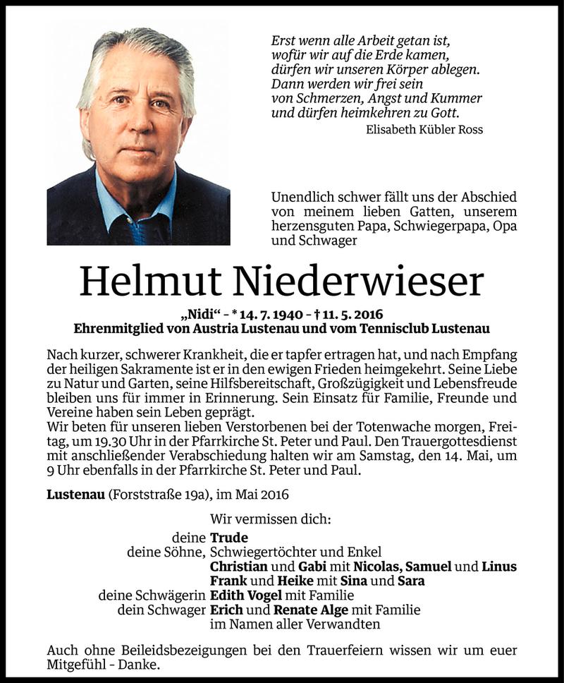  Todesanzeige für Helmut Niederwieser vom 11.05.2016 aus Vorarlberger Nachrichten