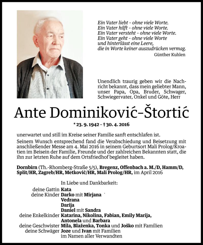  Todesanzeige für Ante Dominikovic-Stortic vom 14.05.2016 aus Vorarlberger Nachrichten