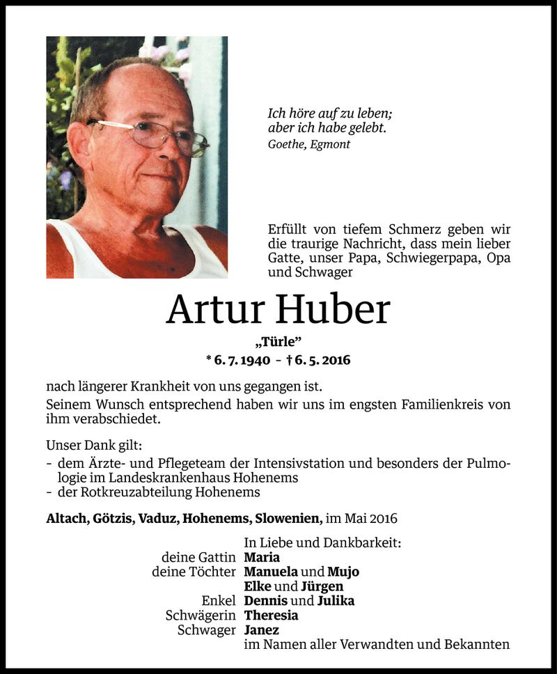  Todesanzeige für Artur Huber vom 14.05.2016 aus Vorarlberger Nachrichten