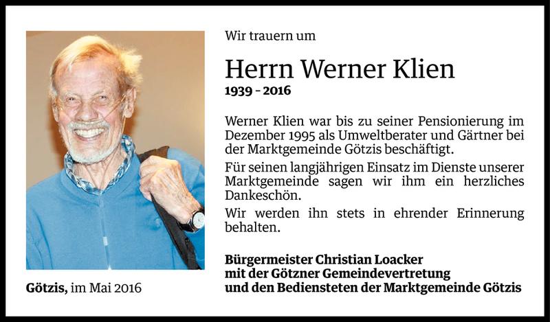  Todesanzeige für Werner Klien vom 11.05.2016 aus Vorarlberger Nachrichten