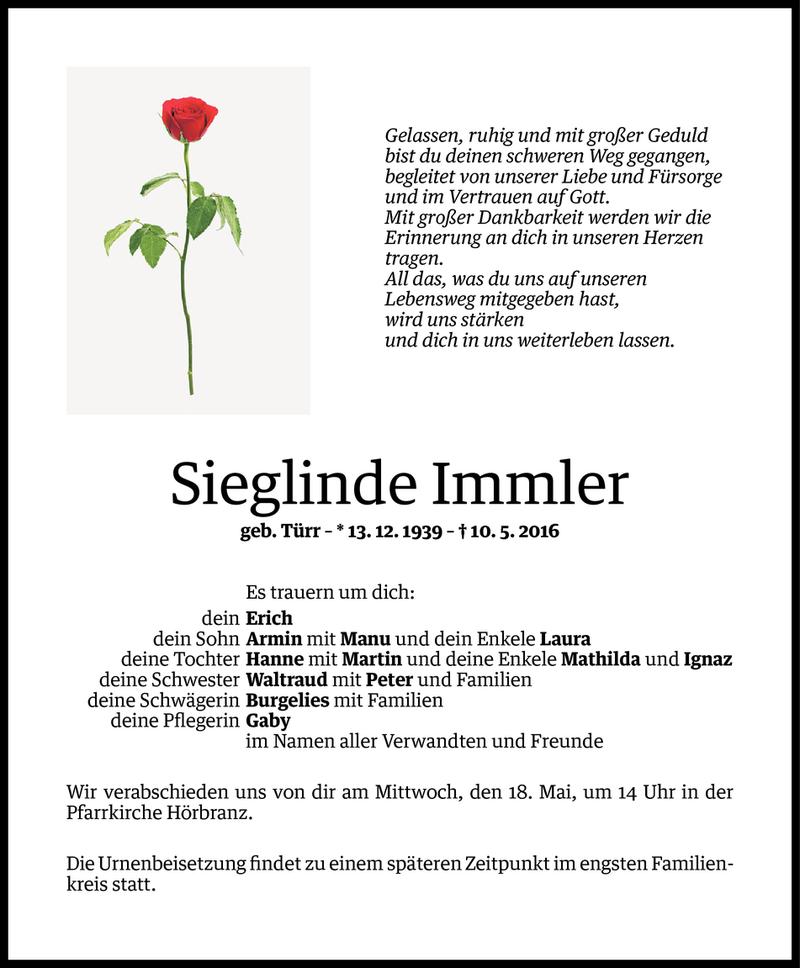  Todesanzeige für Sieglinde Immler vom 12.05.2016 aus Vorarlberger Nachrichten