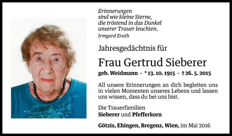  Todesanzeige für Gertrud Sieberer vom 26.05.2016 aus Vorarlberger Nachrichten