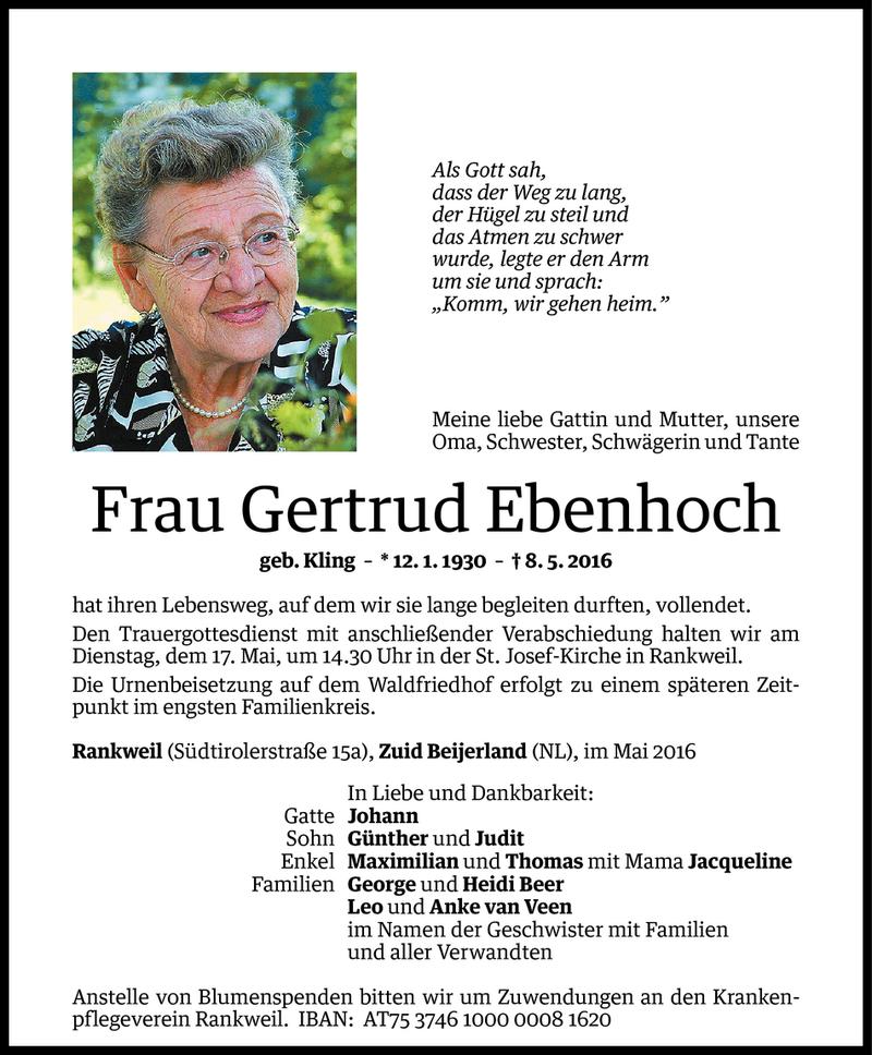  Todesanzeige für Gertrud Ebenhoch vom 13.05.2016 aus Vorarlberger Nachrichten