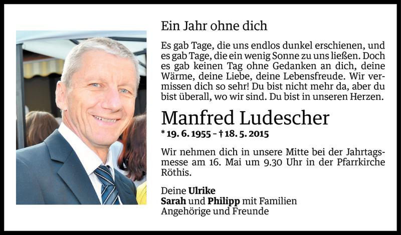  Todesanzeige für Manfred Ludescher vom 13.05.2016 aus Vorarlberger Nachrichten