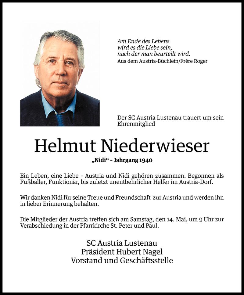  Todesanzeige für Helmut Niederwieser vom 12.05.2016 aus Vorarlberger Nachrichten