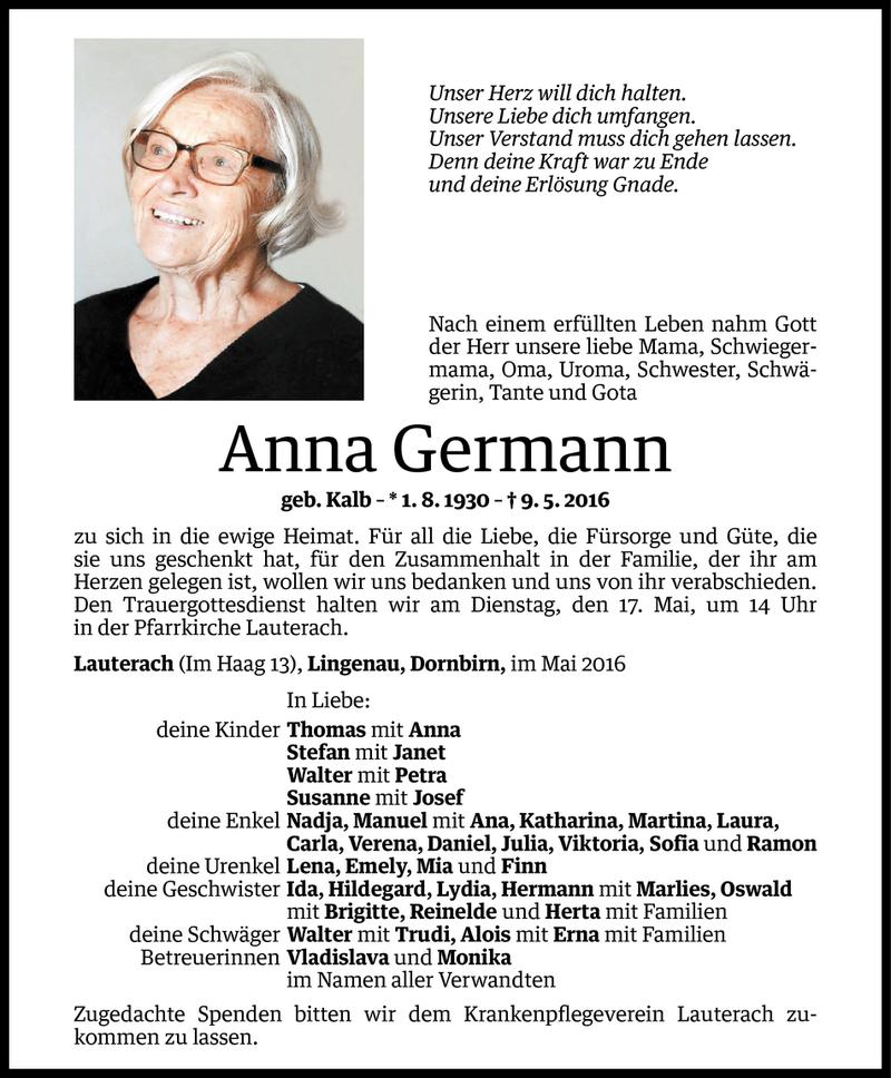  Todesanzeige für Anna Germann vom 12.05.2016 aus Vorarlberger Nachrichten