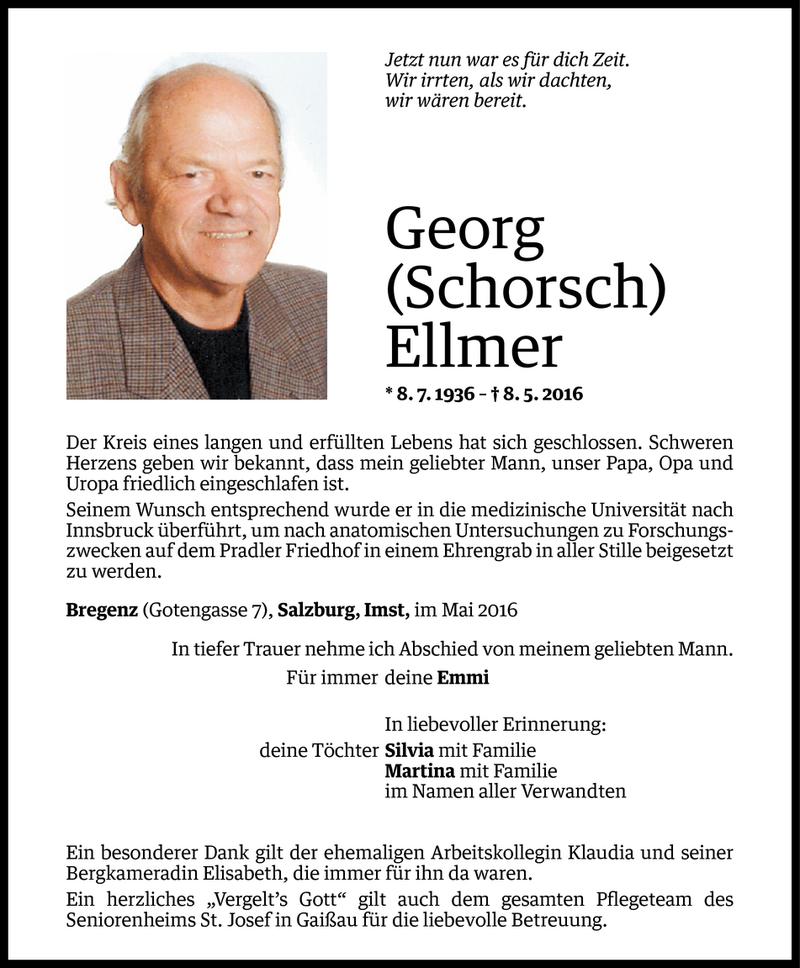  Todesanzeige für Georg Ellmer vom 14.05.2016 aus Vorarlberger Nachrichten