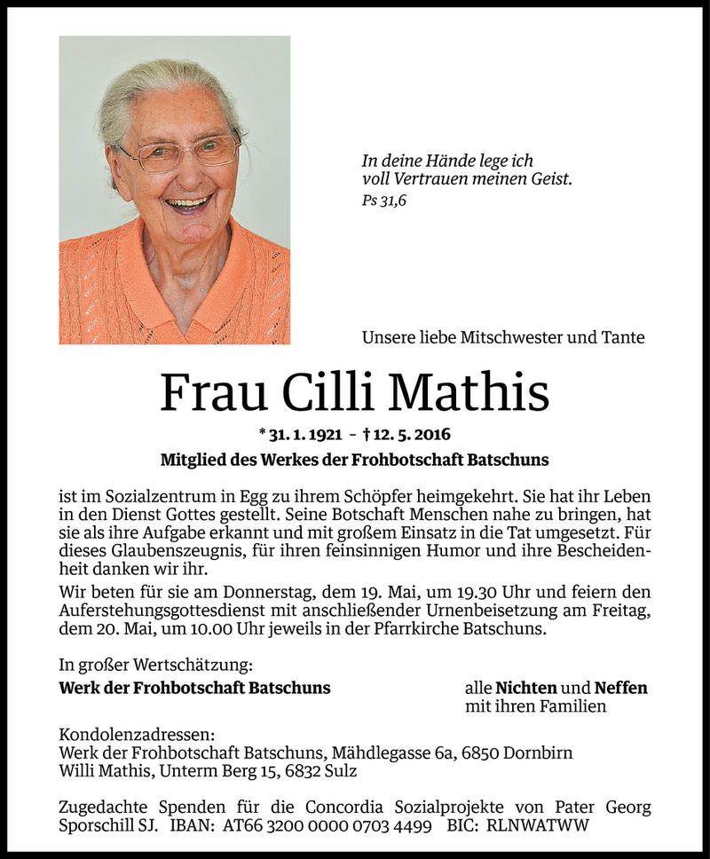  Todesanzeige für Cilli Mathis vom 17.05.2016 aus Vorarlberger Nachrichten