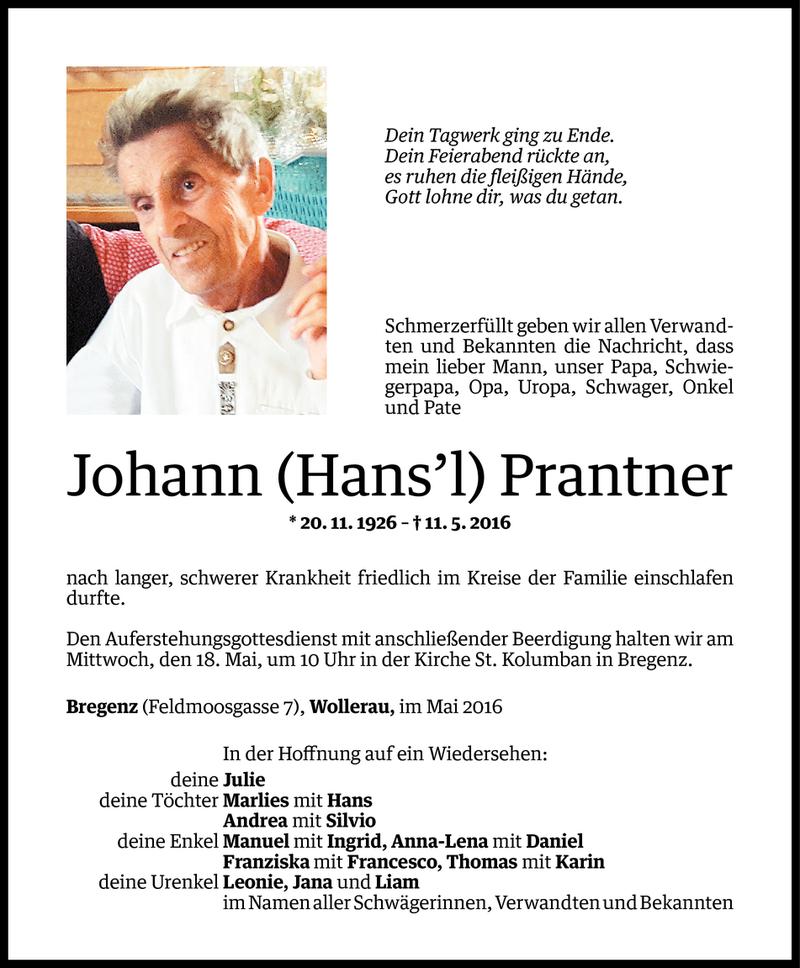  Todesanzeige für Johann Prantner vom 13.05.2016 aus Vorarlberger Nachrichten