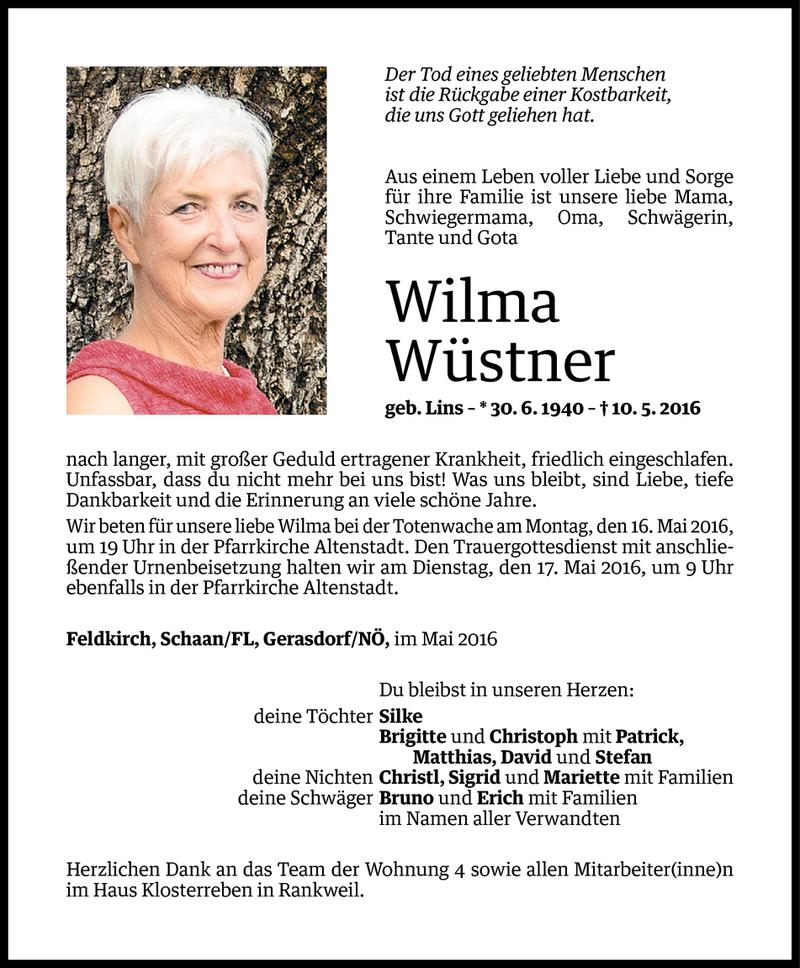  Todesanzeige für Wilma Wüstner vom 13.05.2016 aus Vorarlberger Nachrichten