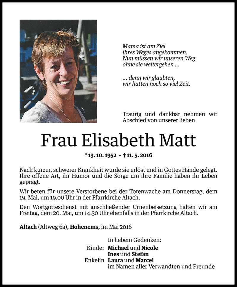  Todesanzeige für Elisabeth Matt vom 17.05.2016 aus Vorarlberger Nachrichten