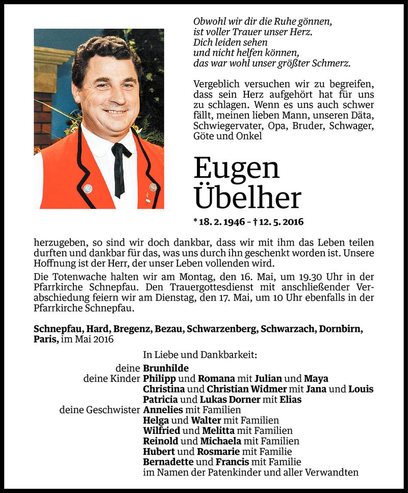  Todesanzeige für Eugen Übelher vom 13.05.2016 aus Vorarlberger Nachrichten