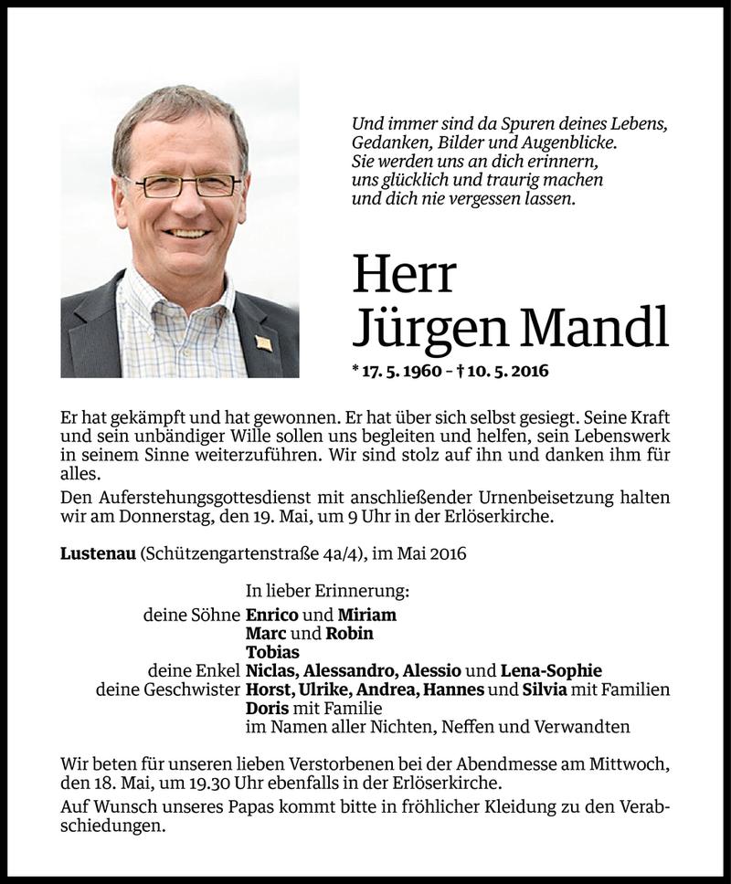  Todesanzeige für Jürgen Mandl vom 16.05.2016 aus Vorarlberger Nachrichten