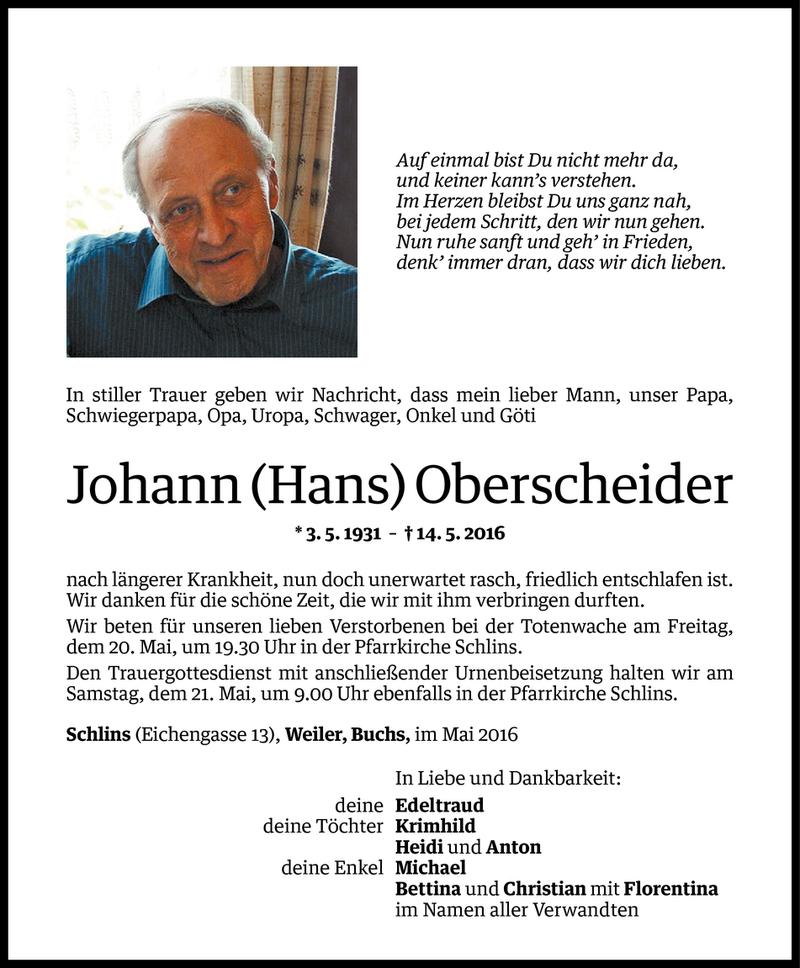  Todesanzeige für Johann Oberscheider vom 18.05.2016 aus Vorarlberger Nachrichten