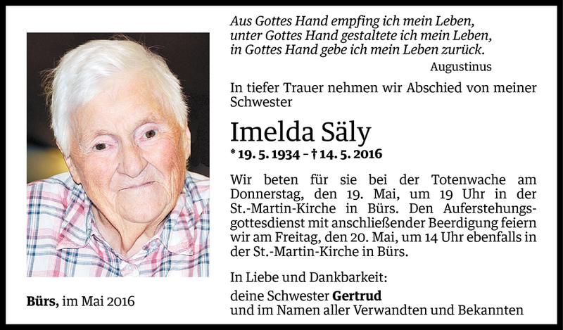  Todesanzeige für Imelda Säly vom 18.05.2016 aus Vorarlberger Nachrichten