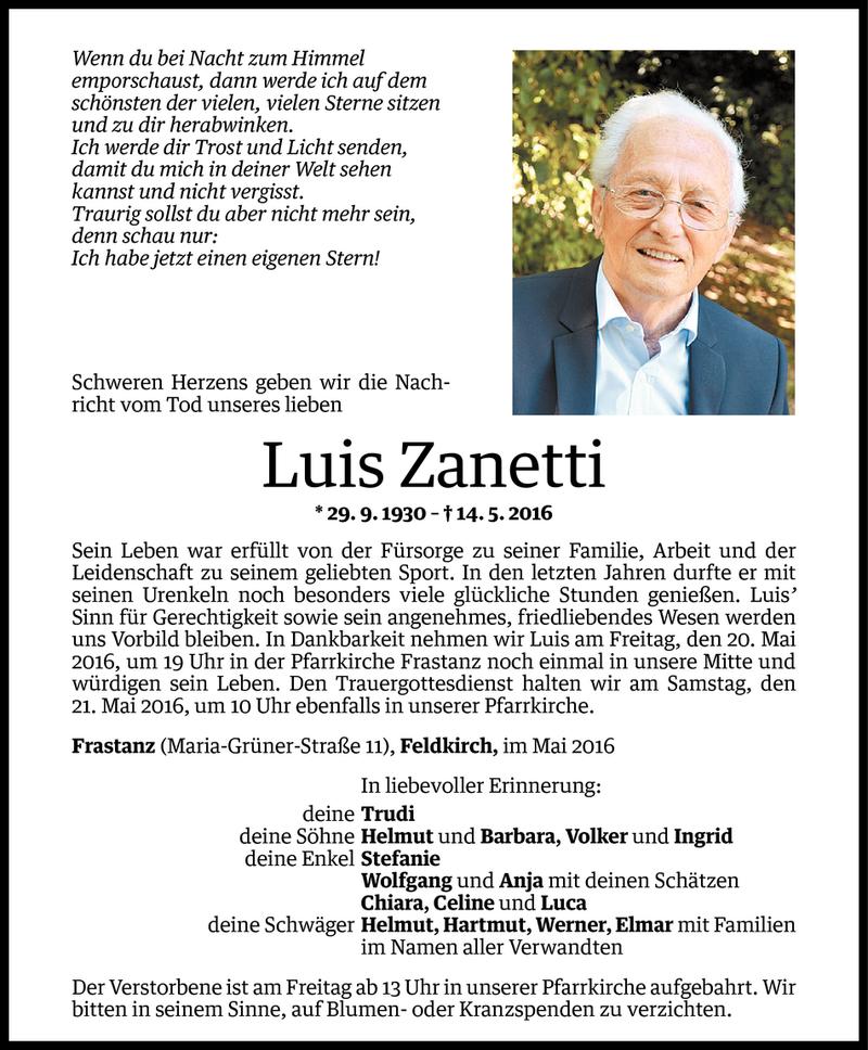  Todesanzeige für Luis Zanetti vom 17.05.2016 aus Vorarlberger Nachrichten