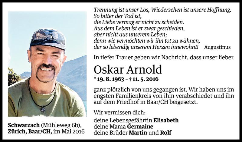  Todesanzeige für Oskar Arnold vom 18.05.2016 aus Vorarlberger Nachrichten