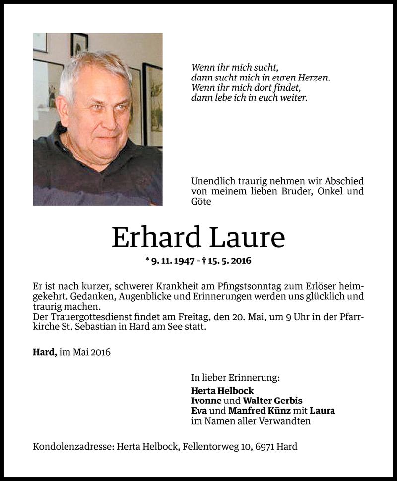  Todesanzeige für Erhard Laure vom 18.05.2016 aus Vorarlberger Nachrichten