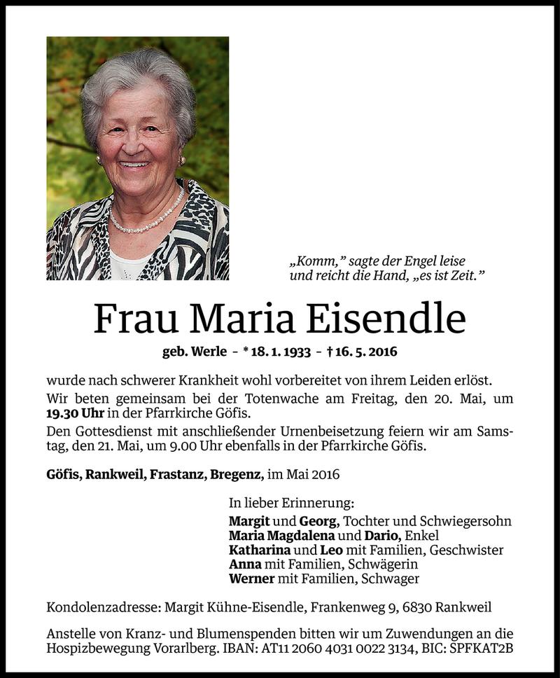  Todesanzeige für Maria Eisendle vom 18.05.2016 aus Vorarlberger Nachrichten