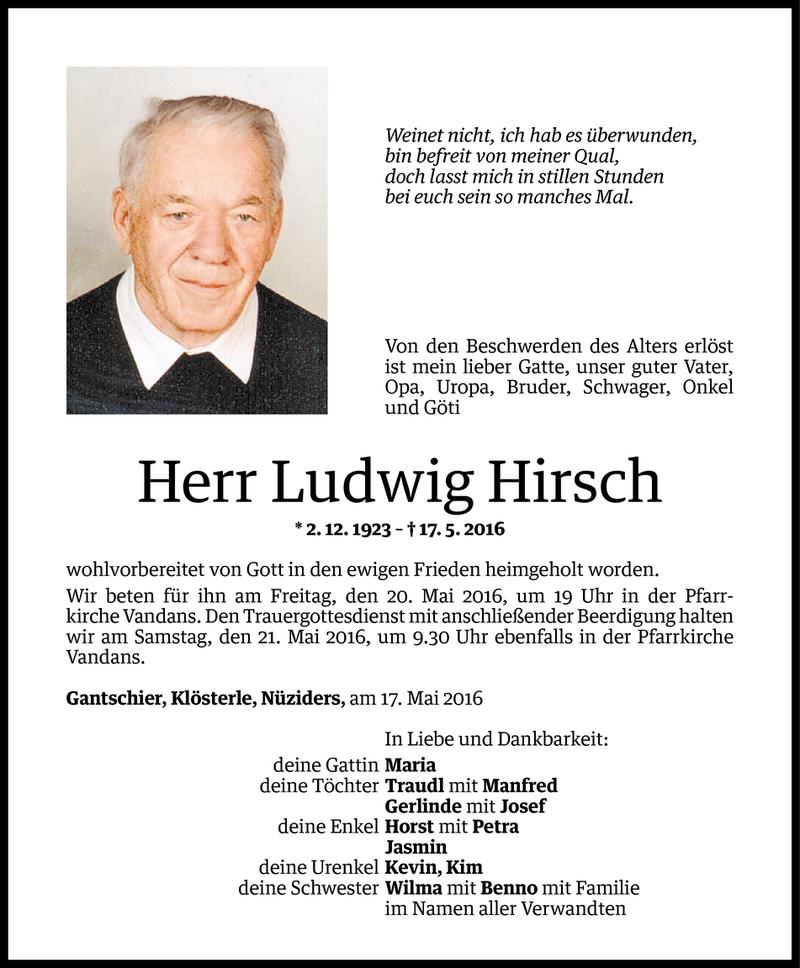  Todesanzeige für Ludwig Hirsch vom 18.05.2016 aus Vorarlberger Nachrichten