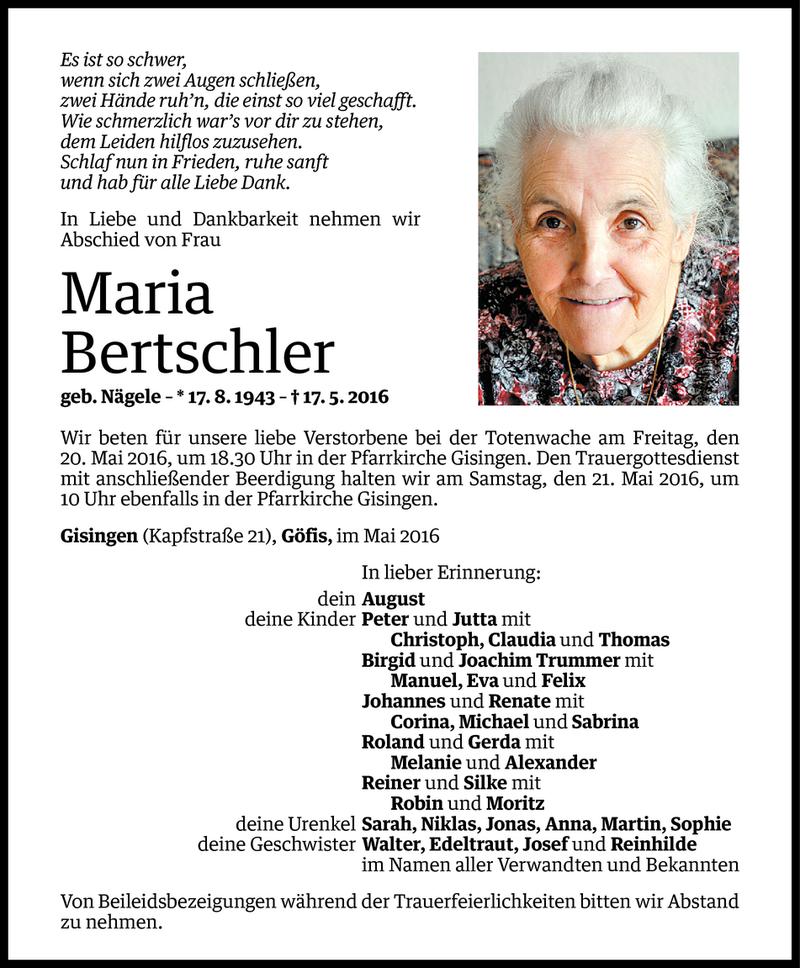  Todesanzeige für Maria Bertschler vom 18.05.2016 aus Vorarlberger Nachrichten