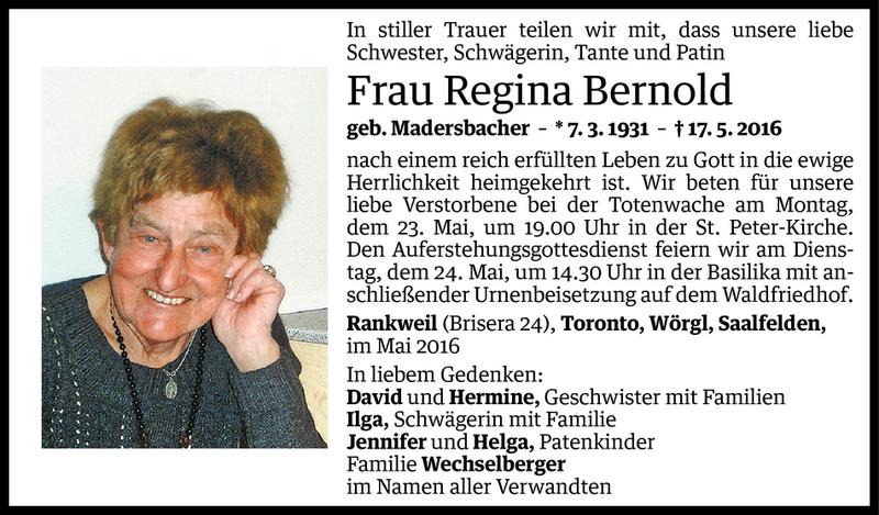  Todesanzeige für Regina Bernold vom 19.05.2016 aus Vorarlberger Nachrichten