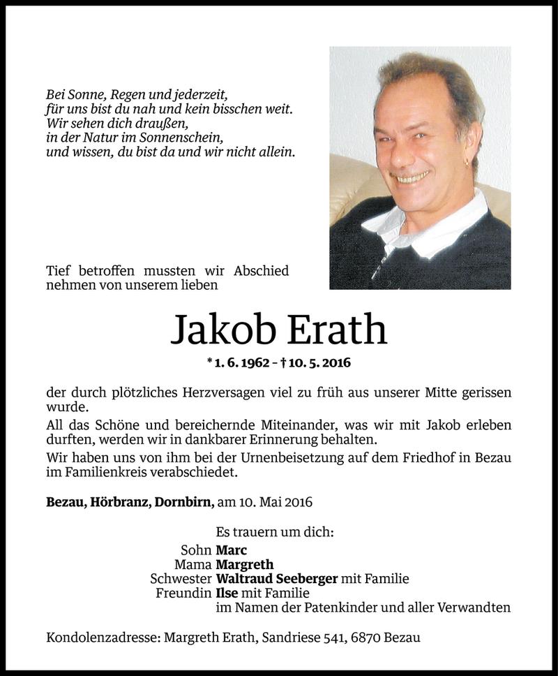  Todesanzeige für Jakob Erath vom 21.05.2016 aus Vorarlberger Nachrichten