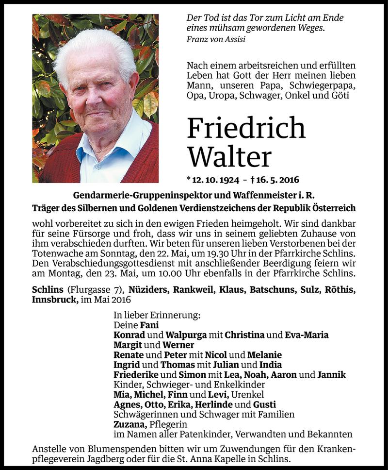  Todesanzeige für Friedrich Walter vom 20.05.2016 aus Vorarlberger Nachrichten