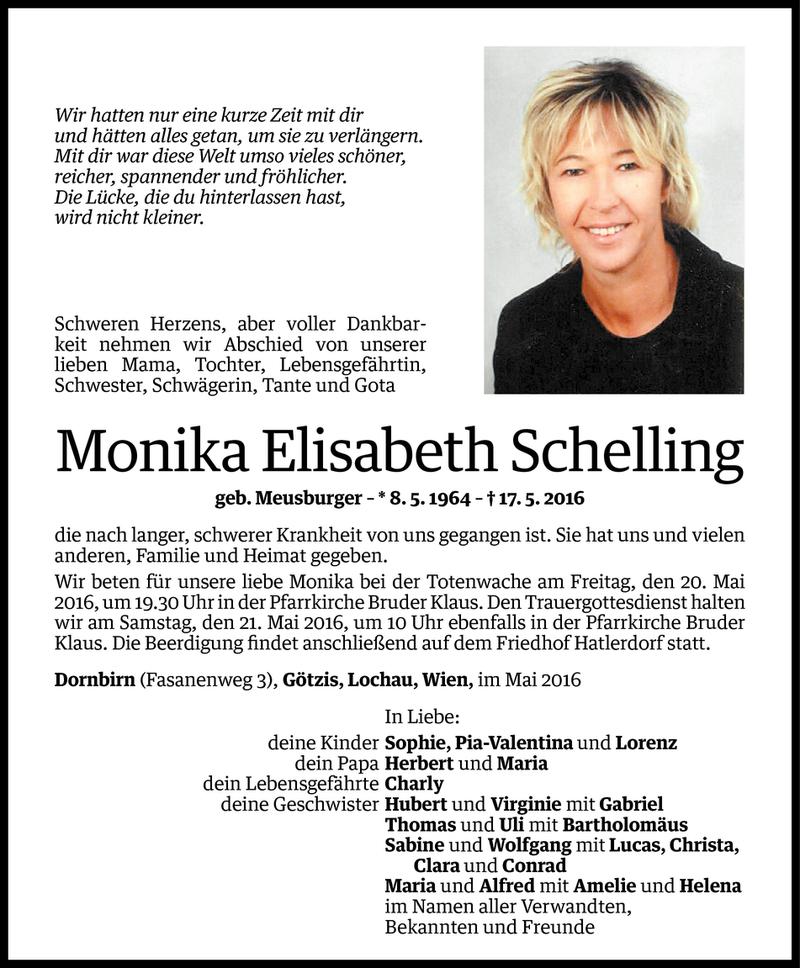  Todesanzeige für Monika Schelling vom 18.05.2016 aus Vorarlberger Nachrichten