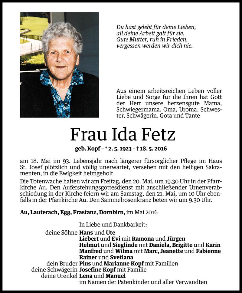  Todesanzeige für Ida Fetz vom 19.05.2016 aus Vorarlberger Nachrichten