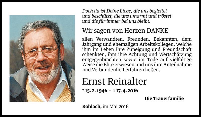  Todesanzeige für Ernst Reinalter vom 20.05.2016 aus Vorarlberger Nachrichten